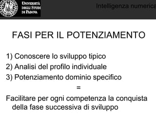 Intelligenza numerica
FASI PER IL POTENZIAMENTO
1) Conoscere lo sviluppo tipico
2) Analisi del profilo individuale
3) Potenziamento dominio specifico
=
Facilitare per ogni competenza la conquista
della fase successiva di sviluppo
 