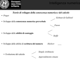 Intelligenza numerica
Teorie di sviluppo della conoscenza numerica e del calcolo
Gelman & Gallistel
• Sviluppo della conoscenza numerica preverbale
Fuson
• Sviluppo delle abilità di conteggio
Steffe
• Sviluppo delle abilità di scrittura del numero Hiebert
Simple Arithmetic
• Evoluzione del calcolo
Apprendimento situato
• Piaget
 