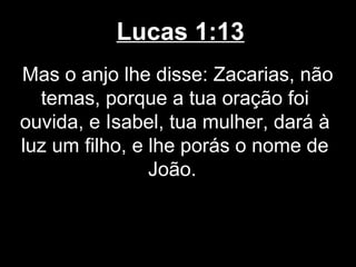 Lucas 1:13
Mas o anjo lhe disse: Zacarias, não
  temas, porque a tua oração foi
ouvida, e Isabel, tua mulher, dará à
luz um filho, e lhe porás o nome de
                João.
 