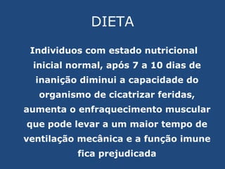 DIETA Individuos com estado nutricional inicial normal, após 7 a 10 dias de inanição diminui a capacidade do organismo de cicatrizar feridas, aumenta o enfraquecimento muscular que pode levar a um maior tempo de ventilação mecânica e a função imune fica prejudicada 