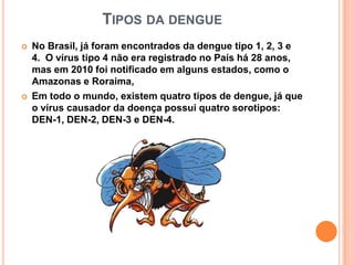 TIPOS DA DENGUE
   No Brasil, já foram encontrados da dengue tipo 1, 2, 3 e
    4. O vírus tipo 4 não era registrado no País há 28 anos,
    mas em 2010 foi notificado em alguns estados, como o
    Amazonas e Roraima,
   Em todo o mundo, existem quatro tipos de dengue, já que
    o vírus causador da doença possui quatro sorotipos:
    DEN-1, DEN-2, DEN-3 e DEN-4.
 