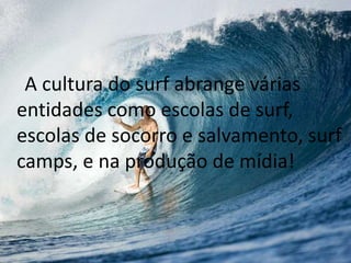 A cultura do surf abrange várias 
entidades como escolas de surf, 
escolas de socorro e salvamento, surf 
camps, e na produção de mídia! 
 