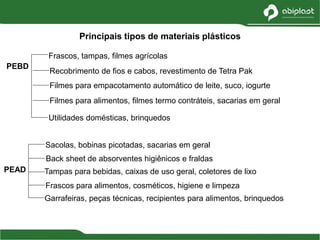 PEBD
Frascos, tampas, filmes agrícolas
Recobrimento de fios e cabos, revestimento de Tetra Pak
Filmes para empacotamento automático de leite, suco, iogurte
Filmes para alimentos, filmes termo contráteis, sacarias em geral
Utilidades domésticas, brinquedos
PEAD
Sacolas, bobinas picotadas, sacarias em geral
Back sheet de absorventes higiênicos e fraldas
Tampas para bebidas, caixas de uso geral, coletores de lixo
Frascos para alimentos, cosméticos, higiene e limpeza
Garrafeiras, peças técnicas, recipientes para alimentos, brinquedos
Principais tipos de materiais plásticos
 