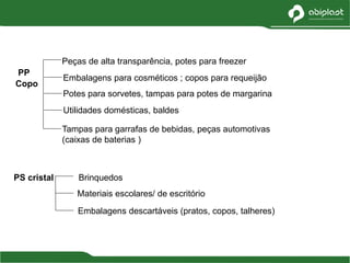 PP
Peças de alta transparência, potes para freezer
Embalagens para cosméticos ; copos para requeijão
Potes para sorvetes, tampas para potes de margarina
Utilidades domésticas, baldes
Tampas para garrafas de bebidas, peças automotivas
(caixas de baterias )
Copo
PS cristal Brinquedos
Materiais escolares/ de escritório
Embalagens descartáveis (pratos, copos, talheres)
 