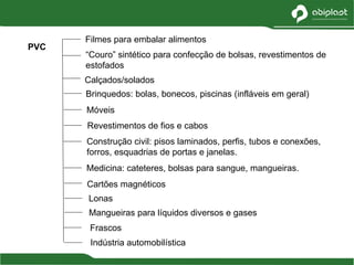 PVC
Filmes para embalar alimentos
“Couro” sintético para confecção de bolsas, revestimentos de
estofados
Calçados/solados
Brinquedos: bolas, bonecos, piscinas (infláveis em geral)
Móveis
Revestimentos de fios e cabos
Construção civil: pisos laminados, perfis, tubos e conexões,
forros, esquadrias de portas e janelas.
Medicina: cateteres, bolsas para sangue, mangueiras.
Lonas
Cartões magnéticos
Mangueiras para líquidos diversos e gases
Frascos
Indústria automobilística
 