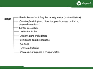 PMMA
Faróis, lanternas, triângulos de segurança (automobilística)
Construção civil: pias, cubas, tampas de vasos sanitários,
peças decorativas
Lentes de contato
Lentes de óculos
Displays para propaganda
Luminosos para propaganda
Aquários
Próteses dentárias
Visores em máquinas e equipamentos
 
