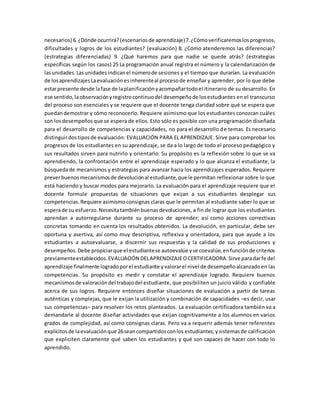 necesarios) 6.¿Dónde ocurrirá?(escenariosde aprendizaje)7.¿Cómoverificaremoslosprogresos,
dificultades y logros de los estudiantes? (evaluación) 8. ¿Cómo atenderemos las diferencias?
(estrategias diferenciadas) 9. ¿Qué haremos para que nadie se quede atrás? (estrategias
específicas según los casos) 25 La programación anual registra el número y la calendarización de
lasunidades.Lasunidadesindicanel númerode sesiones y el tiempo que durarían. La evaluación
de losaprendizajesLaevaluaciónesinherenteal procesode enseñar y aprender, por lo que debe
estarpresente desde lafase de laplanificaciónyacompañartodoel itinerario de su desarrollo. En
ese sentido,laobservaciónyregistrocontinuodel desempeñode losestudiantes en el transcurso
del proceso son esenciales y se requiere que el docente tenga claridad sobre qué se espera que
puedandemostrar y cómo reconocerlo. Requiere asimismo que los estudiantes conozcan cuáles
son losdesempeñosque se espera de ellos. Esto sólo es posible con una programación diseñada
para el desarrollo de competencias y capacidades, no para el desarrollo de temas. Es necesario
distinguirdostiposde evaluación: EVALUACIÓN PARA EL APRENDIZAJE. Sirve para comprobar los
progresos de los estudiantes en su aprendizaje, se da a lo largo de todo el proceso pedagógico y
sus resultados sirven para nutrirlo y orientarlo. Su propósito es la reflexión sobre lo que se va
aprendiendo, la confrontación entre el aprendizaje esperado y lo que alcanza el estudiante, la
búsquedade mecanismos y estrategias para avanzar hacia los aprendizajes esperados. Requiere
preverbuenos mecanismosde devoluciónal estudiante,que le permitan reflexionar sobre lo que
está haciendo y buscar modos para mejorarlo. La evaluación para el aprendizaje requiere que el
docente formule propuestas de situaciones que exijan a sus estudiantes desplegar sus
competencias.Requiere asimismoconsignas claras que le permitan al estudiante saber lo que se
esperade su esfuerzo.Necesitatambiénbuenasdevoluciones, a fin de lograr que los estudiantes
aprendan a autorregularse durante su proceso de aprender; así como acciones correctivas
concretas tomando en cuenta los resultados obtenidos. La devolución, en particular, debe ser
oportuna y asertiva, así como muy descriptiva, reflexiva y orientadora, para que ayude a los
estudiantes a autoevaluarse, a discernir sus respuestas y la calidad de sus producciones y
desempeños.Debe propiciarque el estudiantese autoevalúe yse coevalúe,enfunciónde criterios
previamenteestablecidos.EVALUACIÓN DELAPRENDIZAJEOCERTIFICADORA.Sirve paradarfe del
aprendizaje finalmente logradoporel estudiante yvalorarel nivel de desempeñoalcanzadoen las
competencias. Su propósito es medir y constatar el aprendizaje logrado. Requiere buenos
mecanismosde valoracióndel trabajodel estudiante, que posibiliten un juicio válido y confiable
acerca de sus logros. Requiere entonces diseñar situaciones de evaluación a partir de tareas
auténticas y complejas, que le exijan la utilización y combinación de capacidades –es decir, usar
sus competencias– para resolver los retos planteados. La evaluación certificadora también va a
demandarle al docente diseñar actividades que exijan cognitivamente a los alumnos en varios
grados de complejidad, así como consignas claras. Pero va a requerir además tener referentes
explícitosde laevaluaciónque 26seancompartidosconlos estudiantes;ysistemasde calificación
que expliciten claramente qué saben los estudiantes y qué son capaces de hacer con todo lo
aprendido.
 