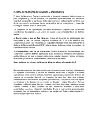EL MAPA DE PROGRESO DE NÚMEROS Y OPERACIONES
El Mapa de Números y Operaciones describe el desarrollo progresivo de la competencia
para comprender y usar los números, sus diferentes representaciones y su sentido de
magnitud; comprender el significado de las operaciones en cada conjunto numérico; usar
dicha comprensión en diversas formas para realizar juicios matemáticos; y desarrollar
estrategias útiles en diversas situaciones.
La progresión de los aprendizajes del Mapa de Números y operaciones se describe
considerando dos aspectos, cada una de los cuales se va complejizando en los distintos
niveles:
a. Comprensión y uso de los números. Implica el desarrollo de capacidades para
comprender y usar los distintos conjuntos numéricos (N, Z, Q y R), identificar sus
características, usos y las relaciones que se pueden establecer entre ellos; comprender el
Sistema de Numeración Decimal (SND); y las unidades de tiempo, masa, temperatura y el
sistema monetario nacional.
b. Comprensión y uso de las operaciones. Implica el desarrollo de capacidades para
comprender y usar los distintos significados de las operaciones aritméticas en situaciones
problemáticas en las que se requiere seleccionar, adaptar, elaborar y aplicar estrategias
de solución; justificar sus procedimientos; y evaluar sus resultados.
Descripción de los Niveles del Mapa de Números y Operaciones-V CICLO
Representa cantidades discretas o continuas mediante números enteros y racionales en
su expresión fraccionaria y decimal en diversas situaciones. Compara y establece
equivalencias entre números enteros, racionales y porcentajes; relaciona los órdenes del
sistema de numeración decimal con potencias de base diez. Selecciona unidades
convencionales e instrumentos apropiados para describir y comparar la masa de objetos
en toneladas o la duración de un evento en décadas y siglos. Resuelve y formula
situaciones problemáticas de diversos contextos referidas a determinar cuántas veces una
cantidad contiene o está contenida en otra, determinar aumentos o descuentos
porcentuales sucesivos, relacionar magnitudes directa o inversamente proporcionales;
empleando diversas estrategias y explicando por qué las usó. Relaciona la potenciación y
radicación como procesos inversos.
 