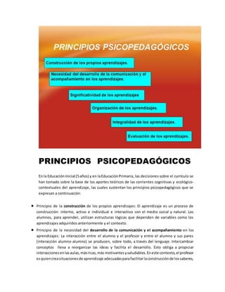 PRINCIPIOS PSICOPEDAGÓGICOS
En la EducaciónInicial (5años) y en laEducaciónPrimaria, las decisiones sobre el currículo se
han tomado sobre la base de los aportes teóricos de las corrientes cognitivas y ecológico-
contextuales del aprendizaje, las cuales sustentan los principios psicopedagógicos que se
expresan a continuación:
 Principio de la construcción de los propios aprendizajes: El aprendizaje es un proceso de
construcción: interno, activo e individual e interactivo con el medio social y natural. Los
alumnos, para aprender, utilizan estructuras lógicas que dependen de variables como los
aprendizajes adquiridos anteriormente y el contexto.
 Principio de la necesidad del desarrollo de la comunicación y el acompañamiento en los
aprendizajes: La interacción entre el alumno y el profesor y entre el alumno y sus pares
(interacción alumno-alumno) se producen, sobre todo, a través del lenguaje. Intercambiar
conceptos lleva a reorganizar las ideas y facilita el desarrollo. Esto obliga a propiciar
interaccionesenlasaulas,másricas,más motivantesysaludables.Eneste contexto,el profesor
esquiencreasituacionesde aprendizaje adecuadasparafacilitarlaconstrucciónde lossaberes,
 