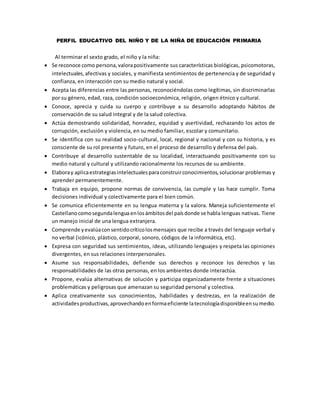PERFIL EDUCATIVO DEL NIÑO Y DE LA NIÑA DE EDUCACIÓN PRIMARIA
Al terminar el sexto grado, el niño y la niña:
 Se reconoce como persona,valorapositivamente sus características biológicas, psicomotoras,
intelectuales,afectivas y sociales, y manifiesta sentimientos de pertenencia y de seguridad y
confianza, en interacción con su medio natural y social.
 Acepta las diferencias entre las personas, reconociéndolas como legítimas, sin discriminarlas
por su género, edad, raza, condición socioeconómica, religión, origen étnico y cultural.
 Conoce, aprecia y cuida su cuerpo y contribuye a su desarrollo adoptando hábitos de
conservación de su salud integral y de la salud colectiva.
 Actúa demostrando solidaridad, honradez, equidad y asertividad, rechazando los actos de
corrupción, exclusión y violencia, en su medio familiar, escolar y comunitario.
 Se identifica con su realidad socio-cultural, local, regional y nacional y con su historia, y es
consciente de su rol presente y futuro, en el proceso de desarrollo y defensa del país.
 Contribuye al desarrollo sustentable de su localidad, interactuando positivamente con su
medio natural y cultural y utilizando racionalmente los recursos de su ambiente.
 Elaboray aplicaestrategiasintelectualesparaconstruirconocimientos,solucionar problemas y
aprender permanentemente.
 Trabaja en equipo, propone normas de convivencia, las cumple y las hace cumplir. Toma
decisiones individual y colectivamente para el bien común.
 Se comunica eficientemente en su lengua materna y la valora. Maneja suficientemente el
Castellanocomosegundalengua enlosámbitosdel paísdonde se habla lenguas nativas. Tiene
un manejo inicial de una lengua extranjera.
 Comprende yevalúaconsentidocríticolosmensajes que recibe a través del lenguaje verbal y
no verbal (icónico, plástico, corporal, sonoro, códigos de la informática, etc).
 Expresa con seguridad sus sentimientos, ideas, utilizando lenguajes y respeta las opiniones
divergentes, en sus relaciones interpersonales.
 Asume sus responsabilidades, defiende sus derechos y reconoce los derechos y las
responsabilidades de las otras personas, en los ambientes donde interactúa.
 Propone, evalúa alternativas de solución y participa organizadamente frente a situaciones
problemáticas y peligrosas que amenazan su seguridad personal y colectiva.
 Aplica creativamente sus conocimientos, habilidades y destrezas, en la realización de
actividadesproductivas,aprovechandoenformaeficiente latecnologíadisponibleensumedio.
 