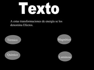 Texto A estas transformaciones de energía se los denomina Efectos. Térmico Magnético Quimico Luminoso 