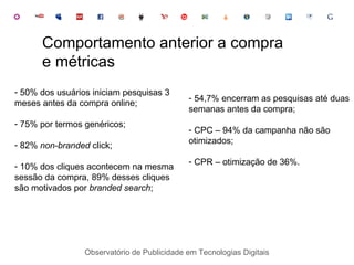 Observatório de Publicidade em Tecnologias Digitais 50% dos usuários iniciam pesquisas 3 meses antes da compra online; 75% por termos genéricos; 82%  non-branded  click; 10% dos cliques acontecem na mesma sessão da compra, 89% desses cliques são motivados por  branded search ; Comportamento anterior a compra e métricas 54,7% encerram as pesquisas até duas semanas antes da compra; CPC – 94% da campanha não são otimizados; CPR – otimização de 36%. 