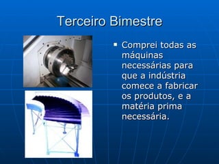 Terceiro Bimestre Comprei todas as máquinas necessárias para que a indústria comece a fabricar os produtos, e a matéria prima necessária. 