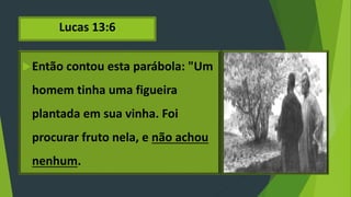Lucas 13:6
Então contou esta parábola: "Um
homem tinha uma figueira
plantada em sua vinha. Foi
procurar fruto nela, e não achou
nenhum.
 