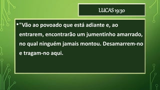 LUCAS 19:30
•"Vão ao povoado que está adiante e, ao
entrarem, encontrarão um jumentinho amarrado,
no qual ninguém jamais montou. Desamarrem-no
e tragam-no aqui.
 
