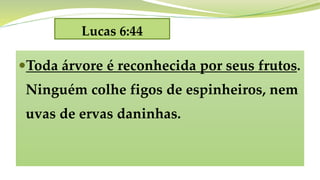 Lucas 6:44
Toda árvore é reconhecida por seus frutos.
Ninguém colhe figos de espinheiros, nem
uvas de ervas daninhas.
 
