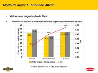 Modo de ação: L. buchneri 40788


 •   Melhoria na degradação da fibra:

    L. buchneri 40788 altera a proporção de ácidos orgânicos produzidos e pH final




                           10 horas de incubação in vitro, milho floculado
 