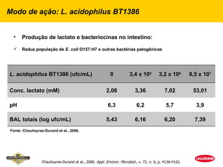 Modo de ação: L. acidophilus BT1386


 •    Produção de lactato e bacteriocinas no intestino:

     Reduz população de E. coli O157:H7 e outras bactérias patogênicas




L. acidophilus BT1386 (ufc/mL)                            0           3,4 x 105         3,2 x 106        8,5 x 107

Conc. lactato (mM)                                      2,08             3,36               7,02          53,01

pH                                                       6,3              6,2               5,7            3,9

BAL totais (log ufc/mL)                                 5,43             6,16               6,20           7,39
Fonte: Chauheyras-Durand et al., 2006.




                 Chauheyras-Durand et al., 2006. Appl. Environ. Microbiol., v. 72, n. 6, p. 4136-4162.
 