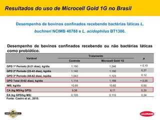 Resultados do uso de Microcell Gold 1G no Brasil

       Desempenho de bovinos confinados recebendo bactérias láticas L.
                       buchneri NCIMB 40788 e L. acidophilus BT1386.


Desempenho de bovinos confinados recebendo ou não bactérias láticas
como probiótico.
                                                   Tratamento
                Variável                                                         p
                                        Controle           Microcell Gold 1G

GPD 1º Período (0-21 dias), kg/dia       1,150                  1,246          < 0,10

GPD 2º Período (22-43 dias), kg/dia      1,142                  1,192          0,37

GPD 3º Período (44-62 dias), kg/dia      1,043                  1,123          0,12

GPD Total (0-62 dias), kg/dia            1,114                  1,189          < 0,05
IMS, kg/dia                              10,65                  10,82          0,50
CA (kg MS/kg GPD)                         9,58                   9,11          0,33
EA (kg GPD/kg MS)                        0,105                  0,110          0,34
Fonte: Castro et al., 2010.
 