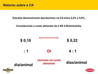 Retorno sobre a CA


     Estudos demonstraram decréscimos na CA entre 2,2% e 4,9%.


       Considerando o custo alimentar de ± R$ 4,50/animal/dia.




           $ 0,10                                $ 0,22

             :1                 OI                 4:1

                        conomia no custo
                           alimentar             dias/animal
      dia/animal
 