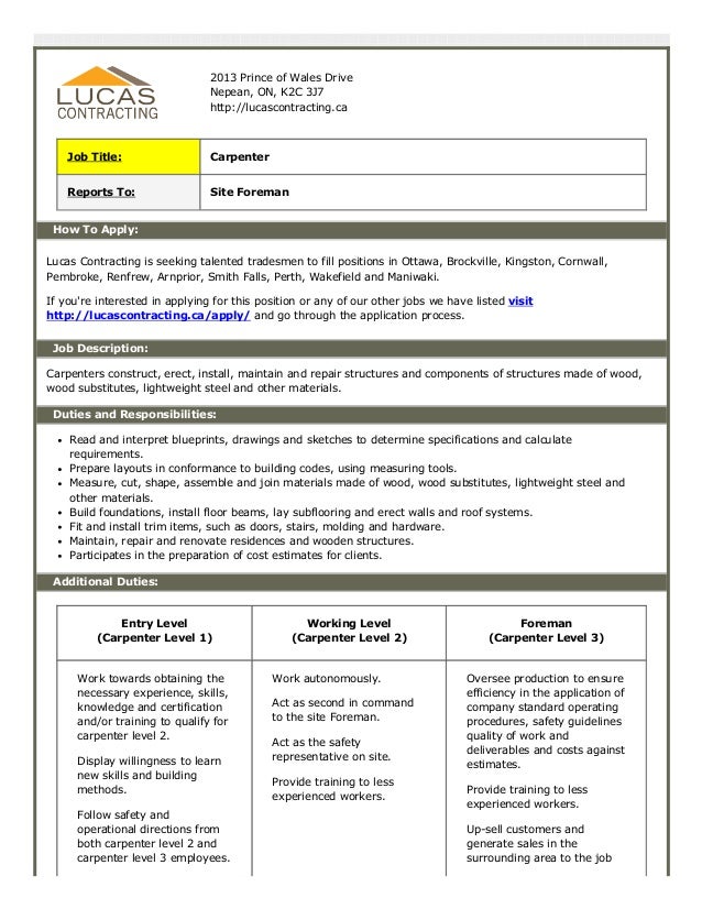 lucas contracting hiring carpenter ottawa brockville kingston duties of a carpenter
