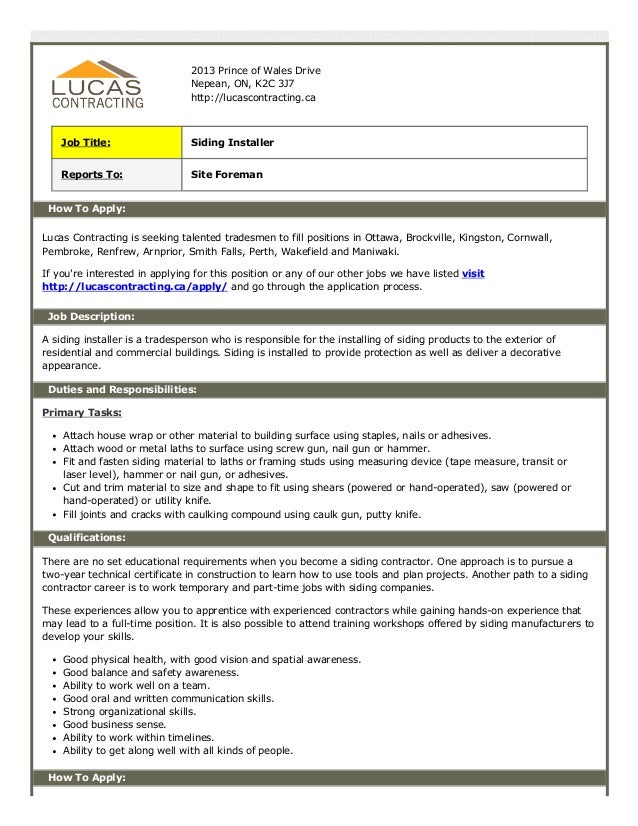 lucas contracting hiring siding job ottawa project scheduler job description