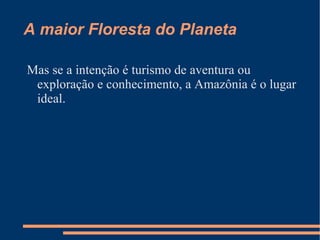 A maior Floresta do Planeta

Mas se a intenção é turismo de aventura ou
 exploração e conhecimento, a Amazônia é o lugar
 ideal.
 