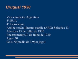 Uruguai 1930

Vice campeão: Argentina
3°:EUA
4°:Eslováquia
Artilheiro:Guillhermo stabile (ARG) Seleções 13
Abertura:13 de Julho de 1930
Encerramento:30 de Julho de 1930
Jogos:30
Gols:70(média de 3,9por jogo)
 