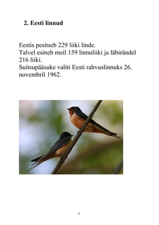 2. Eesti linnud
Eestis pesitseb 229 liiki linde.
Talvel esineb meil 159 linnuliiki ja läbirändel
216 liiki.
Suitsupääsuke valiti Eesti rahvuslinnuks 26.
novembril 1962.
4
 