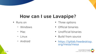 Lucas Fryzek, Februrary 13, 2025
Current State of Lavapipe
14 / 23
How can I use Lavapipe?
●
Runs on
– Windows
– Mac
– Linux
– Android
●
Three options
●
Official binaries
●
Unofficial binaries
●
Build from source
●
https://gitlab.freedesktop.
org/mesa/mesa
 