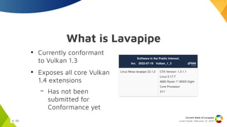 Lucas Fryzek, Februrary 13, 2025
Current State of Lavapipe
4 / 23
What is Lavapipe
●
Currently conformant
to Vulkan 1.3
●
Exposes all core Vulkan
1.4 extensions
– Has not been
submitted for
Conformance yet
 