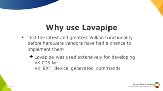 Lucas Fryzek, Februrary 13, 2025
Current State of Lavapipe
9 / 23
Why use Lavapipe
●
Test the latest and greatest Vulkan functionality
before hardware vendors have had a chance to
implement them
➔ Lavapipe was used extensively for developing
VK CTS for
VK_EXT_device_generated_commands
 