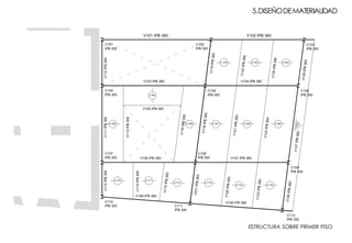 5.DISEÑODEMATERIALIDAD
ESTRUCTURA SOBRE PRIMER PISO
C102
IPB 300
C103
IPB 300
C104
IPB 300
C105
IPB 300
C106
IPB 300
C107
IPB 300
C108
IPB 300
C109
IPB 300
C110
IPB 300 C111
IPB 300
C101
IPB 300
L 101 L102 L103
L105
L104
L106 L107 L108 L109
L110 L111
L112 L113
L114 L115
V101 IPB 360 V102 IPB 360
V103 IPB 360 V104 IPB 360
V106 IPB 360 V107 IPB 360
V108 IPB 360
V109 IPB 360
V105 IPB 260
V110IPB360V111IPB360V112IPB360
V113IPB260
V114IPB260
V115IPB260
V116IPB260
V017IPB360
V118IPB360
V119IPB360
V120IPB260
V121IPB260
V122IPB260
V123IPB260
V124IPB260
V125IPB260
V126IPB360
V127IPB360
V128IPB360
C112
IPB 300
V02
 
