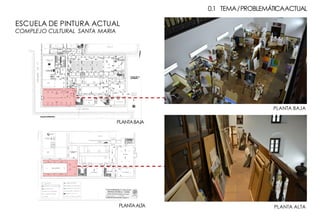 PLANTA BAJA
PLANTA ALTA
0.1 TEMA/PROBLEMÁTICAACTUAL
ESCUELA DE PINTURA ACTUAL
COMPLEJO CULTURAL SANTA MARIA
PLANTABAJA
PLANTAALTA
 
