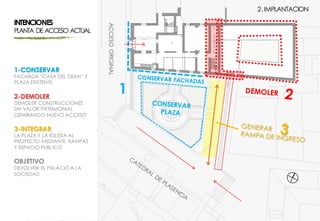 1-CONSERVAR
FACHADA “CASA DEL DEAN” Y
PLAZA EXISTENTE
2-DEMOLER
DEMOLER CONSTRUCCIONES
SIN VALOR PATRIMONIAL
GENERANDO NUEVO ACCESO
3-INTEGRAR
LA PLAZA Y LA IGLESIA AL
PROYECTO MEDIANTE RAMPAS
Y ESPACIO PUBLICO
OBJETIVO
DEVOLVER EL PALACIO A LA
SOCIEDAD
ACCESOORIGINAL
INTENCIONES
PLANTA DE ACCESO ACTUAL
2.IMPLANTACION
1
 