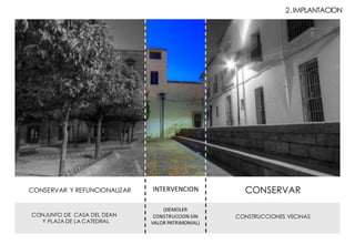 CONJUNTO DE CASA DEL DEAN
Y PLAZA DE LA CATEDRAL
CONSERVAR Y REFUNCIONALIZAR CONSERVARINTERVENCION
2.IMPLANTACION
(DEMOLER	
CONSTRUCCION	SIN	
VALOR	PATRIMONIAL)
CONSTRUCCIONES VECINAS
 