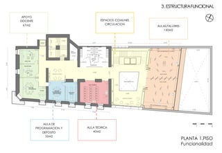 ``
``
HOGARALEÑA
ESPACIO COMUN
AREA DE PREPARADO Y LAVADO
+5.00
DIRECTOR
SECRETARIA
AULA TALLER
ZONADEGUARDADO
AULA TALLER
SALA DE
PROFESORES
DEPOSITO
DIBUJO
AULA DE
PROGRAMACION
PROFESORES
COCINA
ARCO
1° PISO
2° PISO
ASCENSOR
EXISTENTE
AREA DE PREPARADO Y LAVADO
+5.00
AULA TEORICA
ESPACIO COMUN
SALA
TECNICA
SANITARIOS
VACIO SOBRE HALL VACIO
3.873.435.24
4.86
3.13
4.31
7.44 7.91
8.26
7.87
6.15
5.20
7.66
8.12
8.08
1.60
3.09
7.09
8.07 8.0010.26
8.544.61
1.90 2.04
2.101.002.09
6.23
16.76
8.30
3.ESTRUCTURAFUNCIONAL
AULAS/TALLERES
130M2
APOYO
DOCENTE
67m2
AULA TEORICA
40M2
AULA DE
PROGRAMACION Y
DEPOSITO
35M2
ESPACIOS COMUNES
CIRCULACION
PLANTA 1.PISO
Funcionalidad
HOGARALEÑA
ESPACIO COMUN
AREA DE PREPARADO Y LAVADO
+5.00
DIRECTOR
SECRETARIA
AULA TALLER
ZONADEGUARDADO
AULA TALLER
SALA DE
PROFESORES
DEPOSITO
DIBUJO
AULA DE
PROGRAMACION
PROFESORES
COCINA
ARCO
1° PISO
2° PISO
ASCENSOR
EXISTENTE
AREA DE PREPARADO Y LAVADO
AULA TEORICA
ESPACIO COMUN
SALA
TECNICA
SANITARIOS
VACIO SOBRE HALL VACIO
3.873.435.24
4.86
3.13
4.31
7.44 7.91
8.26
7.87
6.15
5.20
7.66
8.12
8.08
1.60
3.09
7.09
8.07 8.0010.25
8.544.61
1.90 2.04
2.101.002.09 6.23
16.76
8.30
16.26
8.00
ASCENSORES
+5.00
+5.00
1 5
 
