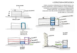 4.ESTRUCTURAMORFOLOGICA
PARA LA NUEVA INTERVENCION SE RESPETARON LOS
NIVELES EXISTENTES, TANTO INTERNOS COMO EXTERNOS,
PUDIENDO ASI GENERAR PLANTAS ACCESIBLES ENTRE
AMBOS EDIFICIOS , SIN GENERAR DESNIVELES Y
CREANDO UNA RELACION CONSTANTE A MEDIDA QUE
SE RECORRE EL CONJUNTO.
 