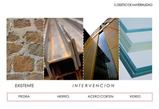 EXISTENTE I N T E R V E N C I O N
PIEDRA HIERRO ACERO CORTEN VIDRIO
5.DISEÑODEMATERIALIDAD
 