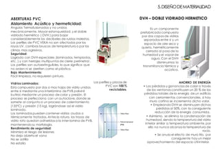 ABERTURAS PVC
Aislamiento Acústico y hermeticidad:
Ángulos Termofusionados y no unidos
mecánicamente. Mayor estanqueidad, y el doble
vidriado hermético ( DVH ) para bajar
considerablemente los decibeles de ruidos molestos.
Los perfiles de PVC VEKA no son afectados por los
rayos UV, cambios bruscos de temperatura o por los
climas mas agresivos.
Seguridad:
Lograda con DVH especiales (laminados, templados,
etc. ) y con herrajes multipuntos de cierre perimetral .
Los perfiles son autoextinguibles, lo que significa que
no arden ni se derriten como el plástico.
Bajo Mantenimiento:
Fácil limpieza, no requieren pintura.
Vidrios Laminados:
Esta compuesto por dos o mas hojas de vidrio unidas
entre sí mediante una interlámina de PVB polivinil
butiral, mediante un proceso de calor y presión. El
proceso se perfecciona con un autoclave, donde se
somete al conjunto a un proceso de calentamiento
(135°C) y presión (15 kg), lográndose así el vidrio
laminado.
Los laminados pueden contener vidrios crudos o
térmicamente tratados. Antes la rotura, los trozos de
vidrio roto quedan adheridos a la inter-lamina de PVB,
manteniendo su morfología.
Rendimiento de seguridad:
Minimiza el riesgo de lesiones
No deja abierto el vano
No se astilla
No estalla
Los perfiles y placas de
PVC son 100 %
reciclables.
DVH – DOBLE VIDRIADO HERMETICO
AHORRO DE ENERGÍA
• Las pérdidas y ganancias de calor a través
de las ventanas constituyen un 20 % de las
pérdidas totales de la energía de un edificio
con cerramientos convencionales, si hay
muro cortina se incrementa dicho valor.
• Empleando DVH se disminuyen dichas
pérdidas al 50%, con la consiguiente
reducción de la energía consumida.
• Asimismo, se elimina la condensación de
humedad, siendo la temperatura del vidrio
interior similar a temperatura ambiente, por
ello no nunca alcanza la temperatura de
rocío.
• Se anula el efecto de muro frío, por
consiguiente hay un mejor
aprovechamiento del espacio útil interior.
Es un componente
prefabricado compuesto
por dos capas de vidrios
separados entre si y un
espacio de aire seco y
quieto, herméticamente
cerrado al paso de la
humedad y el vapor de
agua. Con el DVH
disminuimos la
transmitancia térmica y
acústica.
5.DISEÑODEMATERIALIDAD
 