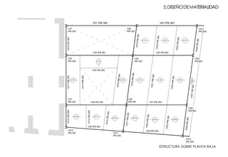 5.DISEÑODEMATERIALIDAD
ESTRUCTURA SOBRE PLANTA BAJA
C02
IPB 300
C03
IPB 300
C04
IPB 300
C05
IPB 300
C06
IPB 300
C07
IPB 300
C08
IPB 300
C09
IPB 300
C010
IPB 300
C012
IPB 300
C011
IPB 300
V01 IPB 360 V02 IPB 360
V03 IPB 360 V04 IPB 360
V06 IPB 360 V07 IPB 360
V08 IPB 360
V09 IPB 360
V010IPB360V011IPB360V012IPB360
V013IPB260
V05 IPB 260
C01
IPB 300
V014IPB260
V015IPB260
V016IPB260
V017IPB360
V018IPB360
V019IPB360
V020IPB260
V021IPB260
V022IPB260
V023IPB260
V024IPB260
V025IPB260
V026IPB360
V027IPB360
V028IPB360
L 01 L 02 L 03
L 05
L 04
L 06 L 07 L 08 L 09
L010 L011
L012 L013
L014 L015
V01
 