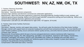 SOUTHWEST: NV, AZ, NM, OK, TX
7. Position: Electronic Assembler
Location: Houston, TX
Description: Assemble electronic components
Company Type: Switches and electronic connectors for underwater applications.
Requirements: More than five years experience in Electronic Assembly/soldering. Excellent ability to read, analyzes, and
interprets general layout drawings. Ability to do PCB through hole/SMT components stuffing and hand soldering. Ability to do
elements hand soldering electronic cable/wire and connector.
Compensation: $18-20/hr ($1 shift differential for night shift) + OT (approx. 10 hrs/wk)
8. Position: Data Center Facilities Technician
Location: OK
Description: Operate, monitor, and support data centers. You will work under the direction of the Data Center Facilities
Manager; interact with support teams at corporate headquarters and with local contractors/vendors. You must identify and
repair facilities problems quickly, ensure contractors deliver quality services, and verify internal customer demands are met
Company Type: Internet
Requirements: E6 and below with 8-10 years of service and good electrical or electro-mechanical skills. Experience
maintaining Power Supplies, PLC, DDC, Networking, and HVAC is very beneficial. Experience with Feeders, Transformers,
Generators, Switchgear, UPS systems, ATS/STS units, PDU/PMM units, Chillers, Air handling units and CRAC units is
desirable. Associates Degrees are desirable and “preference given to data center, hospital, or power plant experience.”
Looking for top-performers (strong evals/fitreps).
Compensation: $50K $65K base salary + bonuses

 