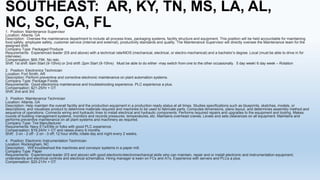 SOUTHEAST: AR, KY, TN, MS, LA, AL,
NC, SC, GA, FL
1. Position: Maintenance Supervisor
Location: Atlanta, GA
Description: Oversee the maintenance department to include all process lines, packaging systems, facility structure and equipment. This position will be held accountable for maintaining
food safety, employee safety, customer service (internal and external), productivity standards and quality. The Maintenance Supervisor will directly oversee the Maintenance team for the
assigned shift.
Company Type: Packaged Produce
Requirements: Experienced leader (E6 and above) with a technical rate/MOS (mechanical, electrical, or electro-mechanical) and a bachelor’s degree. Local (must be able to drive in for
interview).
Compensation: $65-75K. No relo.
Shift: 1st shift :6am Start (9-10hrs) or 2nd shift :2pm Start (9-10hrs) Must be able to do either -may switch from one to the other occasionally. 5 day week/ 6 day week – Rotation
2. Position: Electronics Technician
Location: Fort Smith, AR
Description: Perform preventive and corrective electronic maintenance on plant automation systems.
Company Type: Package Foods
Requirements: Good electronics maintenance and troubleshooting experience. PLC experience a plus.
Compensation: $21-25/hr + OT
Shift: 2nd and 3rd
3. Position: Maintenance Technician
Location: Atlanta, GA
Description: Help maintain the overall facility and the production equipment in a production ready status at all times. Studies specifications such as blueprints, sketches, models, or
descriptions, and visualizes product to determine materials required and machines to be used to fabricate parts. Computes dimensions, plans layout, and determines assembly method and
sequence of operations. Connects wiring and hydraulic lines to install electrical and hydraulic components. Performs required repairs and upgrades to the equipment and tooling. Makes
rounds of building management systems, monitors and records pressures, temperatures, etc. Maintains overhead cranes. Levels and sets clearances on all equipment. Maintains and
performs preventive maintenance on all plant systems and machinery as required.
Company Type: Tire Manufacturer
Requirements: Navy ETs/EMs or folks with good PLC experience.
Compensation: $19-24/hr + OT and raises every 6 months.
Shift: 3 on - 2 off - 2 on - 3 off; 12 hour shifts; rotate day and night every 2 weeks.

4. Position: Electronic Instrumentation Technician
Location: Rockingham, NC
Description: Will troubleshoot the machines and conveyor systems in a paper mill.
Company Type: Paper
Requirements: Experienced leader (E5 and above) with good electronic/electromechanical skills who can maintain, repair and or install electronic and instrumentation equipment;
understands and electrical controls and electrical schematics. Hiring manager is keen on FCs and ATs. Experience with servers and PLCs a plus.
Compensation: $20-21/hr + OT.

 
