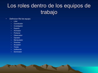 Los roles dentro de los equipos de trabajo Definicion Rol de equipo: Lider  Coordinador Investigador Experto Animador Portavoz Observador Opositor Manipulador Gracioso Acusador Timido Indiferente Dominador 