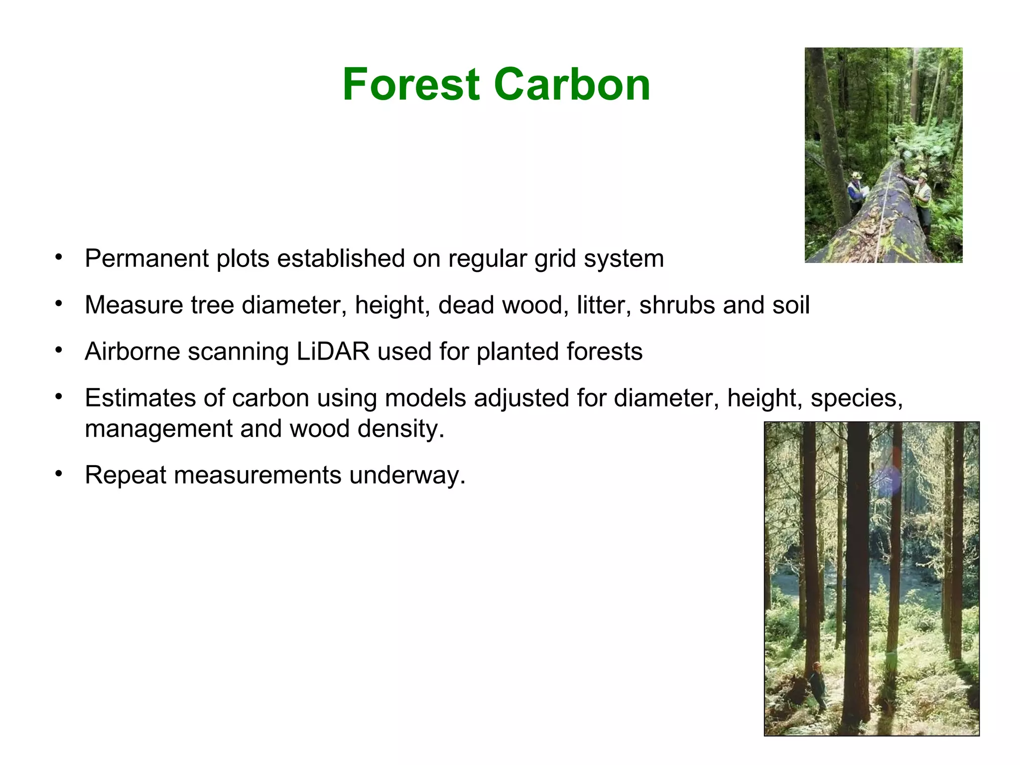 Forest Carbon  Permanent plots established on regular grid system Measure tree diameter, height, dead wood, litter, shrubs and soil  Airborne scanning LiDAR used for planted forests Estimates of carbon using models adjusted for diameter, height, species, management and wood density. Repeat measurements underway. 