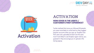 ACTIVATION
HOW GOOD IS THE USER’S /
CUSTOMER’S FIRST EXPERIENCE?
Twitter realized that once you followed 30 people
you wer...