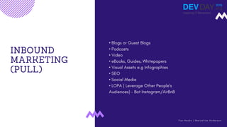 INBOUND
MARKETING
(PULL)
• Blogs or Guest Blogs
• Podcasts
• Video
• eBooks, Guides, Whitepapers
• Visual Assets e.g Infog...