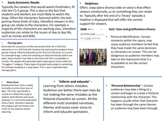 • Socio-Economic Needs-
Typically the viewers that would watch EastEnders, fit
into the C1-E group. This is due to the fact that
students and workers are most likely to watch the
Soap. Often the characters featured within the text
portray these kinds of roles, therefore viewers in this
group can relate to the characters. For example a
majority of the characters are working class, therefore
audiences can relate to the issues of day to day life,
such as money and debt.
• Physiographic-
Generally the consumers of this text would either be in full time
education or in a full time job. However by watching the program these
groups may be influenced greatly by the fictional characters on screen.
For example drugs, crime and cheating are featured heavily within sub
plots. Some viewers may take on the view that this is acceptable in
society. The people who generally watch soap operas come under the
“strugglers” category. These types of people seek escape in something,
for example escaping in a soap opera. This is also a typically lower
demographics.
• Helplines-
Often, soap opera dramas take on story's that effect
viewers emotionally, as its something they can relate
to. Typically after the end of a ‘heavy’ episode a
helpline is displayed that will offer the correct
support for viewers.
Katz’ Uses and gratifications theory-
• Personal Identification- Certain
moments within the opera, may
cause audience members to feel that
they have made the same decisions
as characters on screen. This can be
dangerous as audience members may
take on the impression that it is
acceptable to act like certain
characters.
• ‘Personal Relationship’ – Certain
audiences may take a liking to a
certain and begin to create a fictional
relationship with the character. This
happens usually when that character
has been through the same themes
an audience may have been through.
• ‘Inform and educate’ -
Learning from others mistakes.
Audience can better there own lives by
not making the same mistakes as the
fictional characters on screen. All the
different multi stranded narratives,
themes and issues cover areas to
inform and educate spectators.
• Show times
Broadcasted four times a week,
normally at prime time hour of
8pm. This time specifically is
crucial as it allows the soap to
explore adult themes and issues.
However it is not at the watershed
time of 9pm, therefore typically
the program will not feature too
much or any violence and/or
swearing.
 