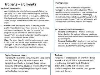 Trailer 2 – Hollyoaks
Hartley’s 7 Subjectivities:
• Age- People tuning into Hollyoaks generally fit into the
age group 16-25. This is because the program generally
covers issues that are relevant to teenagers. Additionally
the characters featured are of a younger age which
allows younger audiences to connect with the characters
more.
• Gender- Both females and males fit into the gender
profile related to this text. This is because of the themes
and issues raised within the text. For example the
program focuses on different relationships and
sexuality's. By covering broad gender roles the program
attracts both male and female gender.
• Class- The lower class fits into the socioeconomic group
E. This is the class for the target audience of this opera.
Teenagers in education have not yet been classed by
their wages, this is why they are put in this group.
Socio- Economic needs:
Typically the audience consuming this soap opera
fits into the E group because students are
targeted specifically in the text. Areas such as
sexuality and family issues are featured heavily as
many students may be experiencing this issues
whilst finding themselves.
Psychographics:
Stereotypically the audience for this genre is
teenagers at school or within education. When
watching the program audiences may try to replicate
certain characters in themselves. Life changing
decisions could be made because of the program, for
example gender change. ‘Explorers’ additionally will
also seek new content to pleasure their needs.
Katz’ Uses and Gratifications theory:
• ‘Personal identification’ - Themes and issues
featured within the text may influence a audience
member and path certain decisions made based on
the soap opera.
• ‘Personal Relationship’ – Audiences may feel that
they are able to connect directly with a specific
character due to the troubles they may share.
Timings:
Hollyoaks is broadcasted on channel 4 twice
a week at 8:30pm. This is a prime time as it
is just before the watershed. This time
allows the soap to explore issues that
students may face. For example trans gender
issues and themes.
 