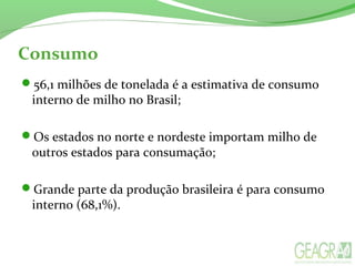 Consumo
56,1 milhões de tonelada é a estimativa de consumo
interno de milho no Brasil;
Os estados no norte e nordeste importam milho de
outros estados para consumação;
Grande parte da produção brasileira é para consumo
interno (68,1%).
 